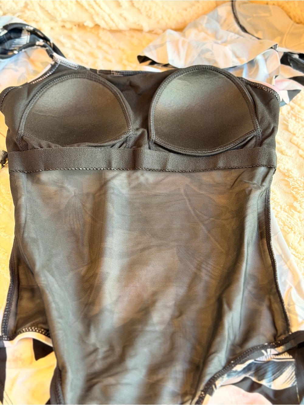 Black Floral Ruffle One-Piece swimsuit with Pink Accents 15s - Picture 4 of 6